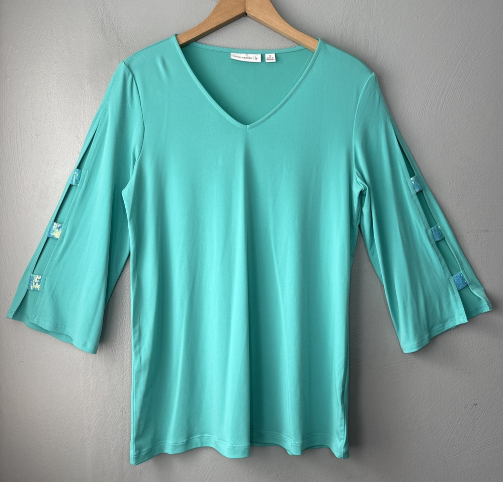 Susan Graver Top Size XS Seafoam Green Liquid Knit Peekaboo Sleeve Sequin Preppy